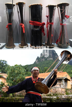 Nanning, della Cina di Guangxi Zhuang Regione autonoma. 1 agosto, 2018. Combo foto mostra il fango giallo tamburi della Yao gruppo etnico visualizzati al Museo di Antropologia del Guangxi in Nanning, sud della Cina di Guangxi Zhuang Regione autonoma, 18 maggio 2019 (sopra), e un abitante di un villaggio esecuzione di fango giallo tamburo danza al villaggio Liuxiang in Jinxiu Yao contea autonoma, a sud della Cina di Guangxi Zhuang Regione autonoma, e il Agosto 1, 2018. Credito: Lu Boan/Xinhua/Alamy Live News Foto Stock