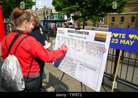 Islington. A nord di Londra, UK, 18 maggio 2019 - una donna prende parte dei democratici e liberali Brexitometer scegliendo la loro opzione preferita durante i liberali democratici campagna a Islington, Londra nord per il prossimo Parlamento europeo elezione Credito: Dinendra Haria/Alamy Live News Foto Stock