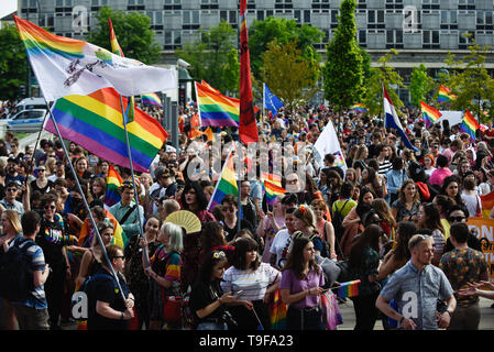 Cracovia in Polonia. 18 Maggio, 2019. Migliaia di persone hanno visto che frequentano il quindicesimo uguaglianza Parade rally a sostegno della comunità LGBT. Durante il pro LGBT parade route, diverse manifestazioni di protesta contro i diritti LGBT e promuovere pro i valori della famiglia sono stati organizzati dal polacco estrema destra conservatrice e associazioni. Credito: Omar Marques/SOPA Immagini/ZUMA filo/Alamy Live News Foto Stock