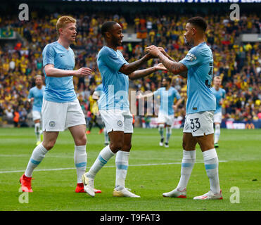 LONDON, Regno UINTED. 18 Maggio, 2019 Manchester City's Gabriel Gesù celebra il suo punteggio i lati quarto obiettivo durante la finale di FA Cup match tra Manchester City e Watford allo stadio di Wembley, Londra il 18 maggio 2019 Azione di Credito Foto Sport FA Premier League e Football League immagini sono soggette a licenza DataCo solo uso editoriale nessun uso non autorizzato di audio, video, dati, calendari (al di fuori dell'UE), club/campionato loghi o 'live' servizi. Online in corrispondenza uso limitato a 45 immagini (+15 in tempo extra). Non utilizzare per emulare le immagini in movimento. Nessun uso in scommesse, giochi o un singolo giocatore/club/league Foto Stock