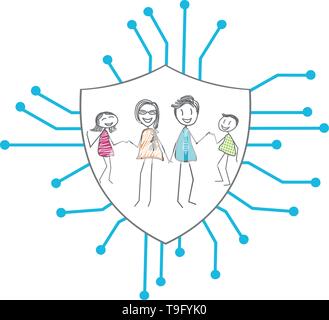 L'icona di uno scudo protettivo per Internet con una famiglia sullo schermo Illustrazione Vettoriale