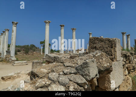 Famagusta, Repubblica Turca di Cipro del Nord. Colonne corinzie a città antiche rovine di Salamina. Giornata di sole e cielo blu. Foto Stock