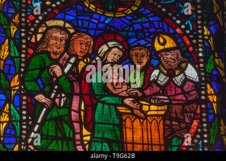 Una vetrata del XVI secolo raffigurante la circoncisione di Cristo. Cattedrale di Leon. Castilla y Leon. Spagna Foto Stock
