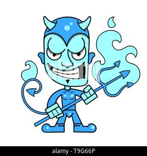 Carino piccolo diavolo con corna e una fiammante Trident, illustrazione vettoriale Illustrazione Vettoriale