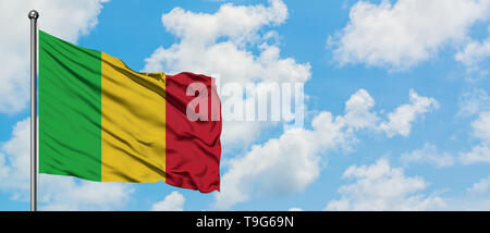 Mali bandiera sventolare nel vento contro bianco torbido cielo blu. Concetto di Diplomazia e relazioni internazionali. Foto Stock