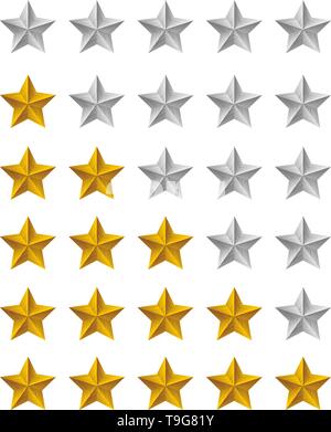 Star rating simboli con 5 stelle. Terribile, bad, Alright, buona, perfetto set di rango. Feedback di qualità il livello di esperienza del concetto. Vettore isolato per badge Illustrazione Vettoriale