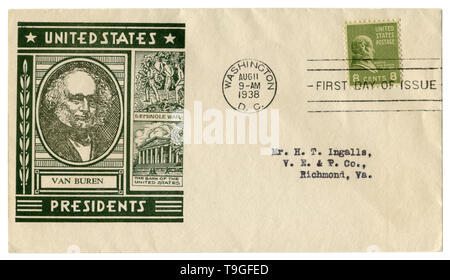 Washington D.C., USA - 11 agosto 1938: noi busta storico: il coperchio con un cachet ritratto di ottavo Presidente Martin Van Buren, verde francobollo Foto Stock