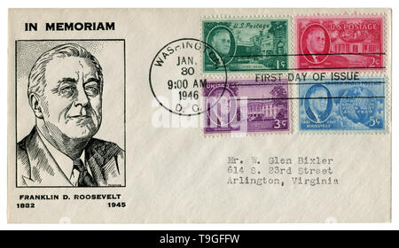 Washington D.C., USA, 30 Gennaio 1946: noi busta storico: il coperchio con un cachet ritratto della XXXII il presidente Franklin Delano Roosevelt, quattro stams Foto Stock