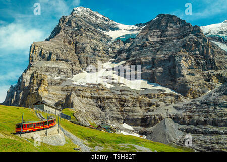 Incredibile viaggio estivo Esperienza, popolare rosso elettrico treno turistico Jungfraujoch e montagne innevate sullo sfondo, vicino a Kleine Scheidegg stazione, B Foto Stock