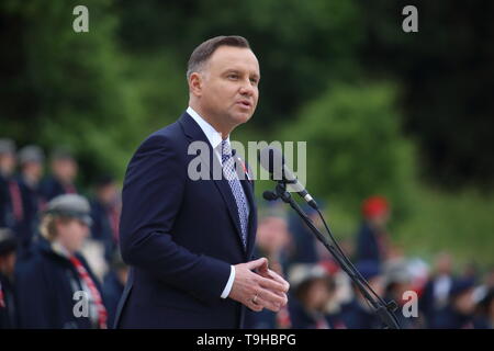 Cassino, Italia - 18 Maggio 2019: il discorso del Presidente della Repubblica di Polonia Andrzej Duda nel cimitero militare polacco per il settantacinquesimo anniversario della battaglia di Montecassino Foto Stock