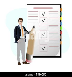 Uomo d affari con matita verificare elenco di cose da fare. Appunti con controllo, business plan checklist, segno di spunta il raggiungimento obiettivo, illustrazione vettoriale Illustrazione Vettoriale