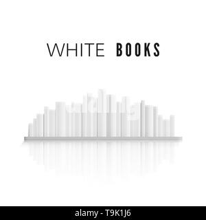 Pila di libri bianchi su scaffale con la riflessione. Dorso dei libri per il tuo design. Illustrazione Vettoriale Illustrazione Vettoriale