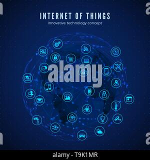 Internet delle cose. IOT concetto. Rete globale di connessione. Il monitoraggio e il controllo di sistemi intelligenti le icone sulla rete globale e lo sfondo della mappa. Il vettore Illustrazione Vettoriale