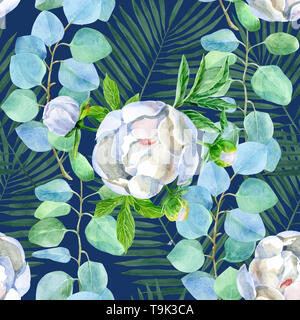 Floral seamless pattern con eucalipto e peonie su uno sfondo blu scuro. Foto Stock