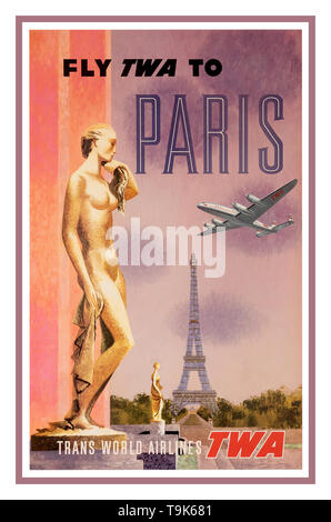 TWA Vintage Poster della compagnia aerea 'Parigi volare TWA' Travel Poster, aeromobili di costellazione David Klein 1950 Foto Stock