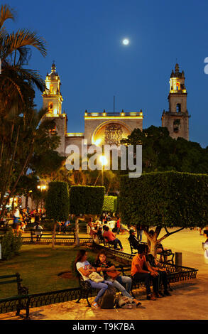 Merida Yucatan Messico - persone in Plaza de Independencia, o della piazza centrale di notte, Merida, Yucatan Messico America Centrale Foto Stock