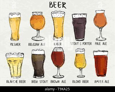 Disegnata a mano det di diversi tipi di bicchieri per la birra Illustrazione Vettoriale
