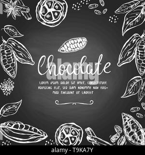 Cioccolato con templatre disegnati a mano baccelli di cacao e altri elementi Illustrazione Vettoriale