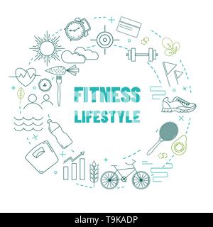 Modello con fitness e uno stile di vita sano le icone della linea Illustrazione Vettoriale