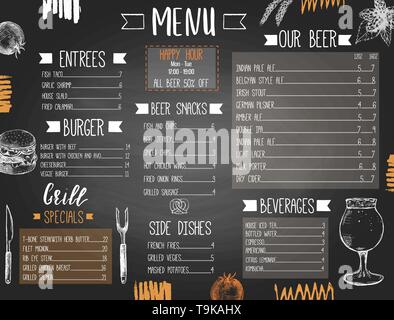 Beer pub o bar menu con modello disegnato a mano il cibo e birra Illustrazione Vettoriale