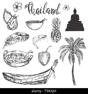 Disegnata a mano con set disegnati a mano Thailandia accosiated simboli Illustrazione Vettoriale