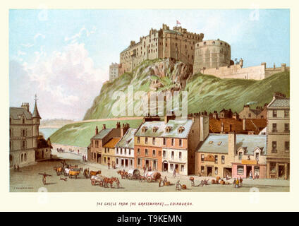 Stampa vintage del Castello di Edimburgo dal Grassmarket, Scozia, circa 1880 Foto Stock