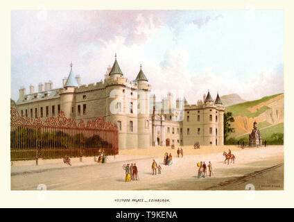 Stampa vintage di Holyrood Palace, Edimburgo, Scozia circa 1880. Il Palazzo di Holyroodhouse, a cui viene comunemente fatto riferimento come il Palazzo di Holyrood, è la residenza ufficiale del monarca in Scozia. Il palazzo sorge in fondo al Royal Mile di Edimburgo, all'estremità opposta al Castello di Edimburgo. Holyrood Palace è l'impostazione dello stato di cerimonie ufficiali e divertente. Foto Stock