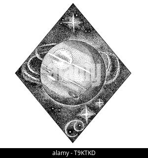 Nettuno. Mano Illustrazione disegnata in stile dotwork. Il concetto di spazio, astrologia astronomia vintage t shirt stampa, cosmic logo design. Foto Stock