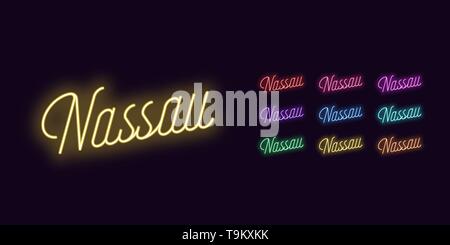 Scritte al neon di Nassau nome. Testo al neon della città di Nassau. Set di iscrizione incandescente con retroilluminazione trasparente per il design. Rosso porpora rosa blu violetto Illustrazione Vettoriale
