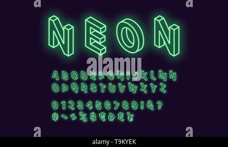 Neon alfabeto isometrica, colore verde. Il Neon delineato Font con set di incandescente isometrica di lettere, numeri, valuta e diversi segni e simboli. Vec Illustrazione Vettoriale