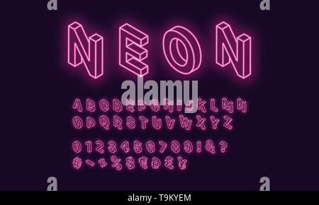 Neon alfabeto isometrica, colore rosa. Il Neon delineato Font con set di incandescente isometrica di lettere, numeri, valuta e diversi segni e simboli. Vect Illustrazione Vettoriale