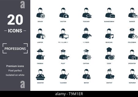 Professioni set di icone di raccolta. Include elementi semplici come il driver, medico, insegnante, imprenditore, banchiere, pilota e capitano icone premium. Illustrazione Vettoriale