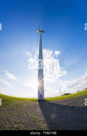 Le turbine eoliche contro il cielo blu durante il sunrise Foto Stock