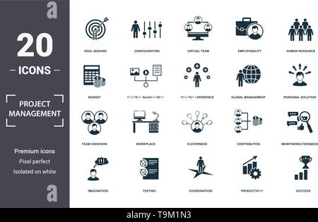 Gestione del progetto set di icone di raccolta. Include elementi semplici come obiettivo cercando, configurazione, il team virtuale, occupabilità, Risorse Umane, Wo Illustrazione Vettoriale