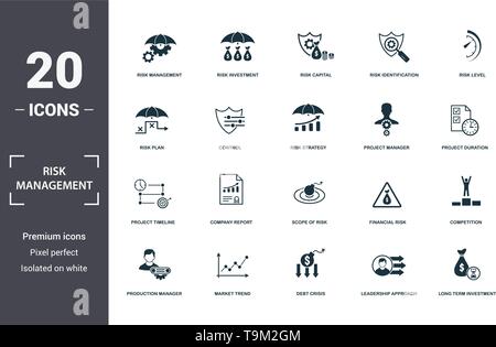 Gestione del rischio di set di icone di raccolta. Include elementi semplici come ad esempio la gestione del rischio, gli investimenti, il capitale, identificazione del livello di rischio, società repor Illustrazione Vettoriale