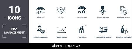 Gestione del rischio di set di icone di raccolta. Include elementi semplici come il livello di rischio, piano di rischio, il controllo, la strategia di rischio, Project Manager, Mana di produzione Illustrazione Vettoriale