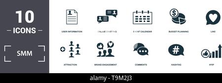 Smm set di icone di raccolta. Include elementi semplici come il Marketing pubblico, Informazioni utente chat online, calendario degli eventi, la pianificazione del budget, att Illustrazione Vettoriale