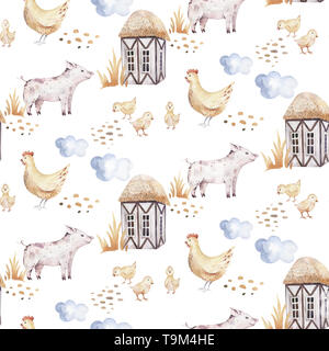 Acquerello seamless pattern con simpatici animali da fattoria con capra, cavallo, oca e mucca. Il pollo, ovini e suini domestici illustrazione degli animali. Foto Stock