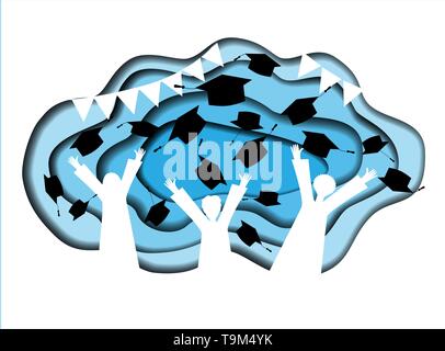 Gli studenti silhouettesthrowing cappucci di graduazione dei caratteri. Laurea universitaria cartoon illustrazione vettoriale. Carta tagliata stile. Illustrazione Vettoriale