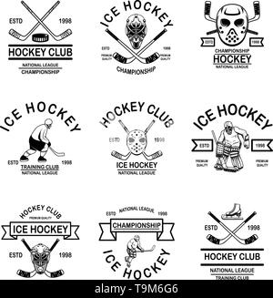 Serie di hockey club emblemi. Elemento di design per il logo, marchio, segno, t-shirt, poster. Illustrazione Vettoriale Illustrazione Vettoriale