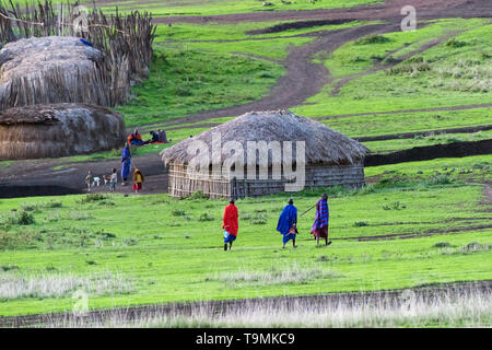 Tradizionale villaggio Masai con tribemen in colorate vesti. Ngorongoro Conservation Area, Tanzania Foto Stock