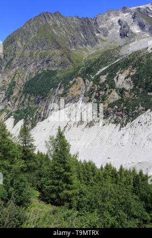 La Mer de Glace. Petit âge glaciaire. Bloc de granit et cordoni morainiques. Montenvers. Alta Savoia. La Francia. Foto Stock