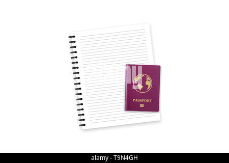 3d illustrazione di rosso realistico international Passport ID e blank notebook con copia spazio, isolati su sfondo bianco. Foto Stock