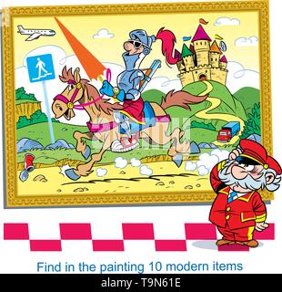 Nella illustrazione vettoriale puzzle con un vecchio dipinto in cui hai bisogno di trovare dieci elementi moderni. Illustrazione Vettoriale