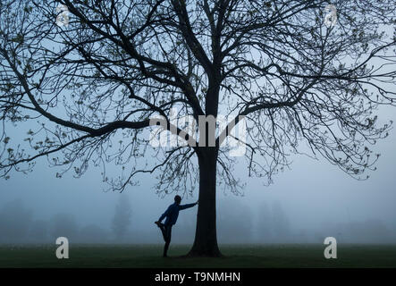 Billingham, Stockton on Tees, Regno Unito. Il 20 maggio 2019. Regno Unito meteo: un pareggiatore stretching nel parco di 05.15 come nebbia notte indugia in Billingham, a nord-est dell' Inghilterra. Credito: Alan Dawson/Alamy Live News Foto Stock