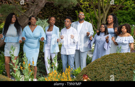 Royal Hospital Chelsea, Londra, Regno Unito. Il 20 maggio 2019. Chelsea Flower Show 2019 premere giorno. Gospel Choir rivelazione Avenue eseguire sul Morgan Stanley giardino, progettato da Chris Beardshaw. Credito: Malcolm Park/Alamy Live News. Foto Stock