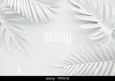 Raccolta di foglie tropicali,piante in colore bianco con sfondo spazio.astratta decorazione foglia design.natura esotica per modello di copertura Foto Stock
