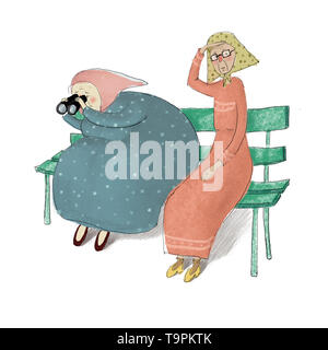 Abbastanza vecchio signore o nonne seduta sul banco di lavoro. Guardando in lontananza. Amici anziani sono in appoggio sul banco. Divertente e Cartoon carino ch Foto Stock