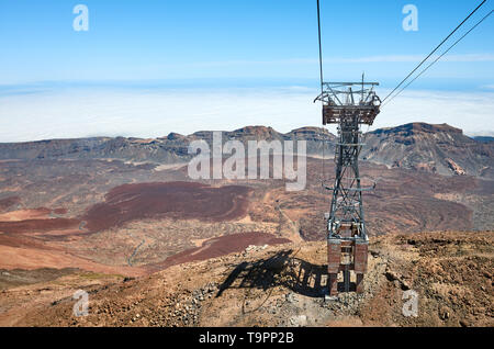 Vista dalla vetta del Teide funivia vettura che va fino del monte Teide, il picco più alto in Spagna, Parco Nazionale di Teide Tenerife, Spagna. Foto Stock