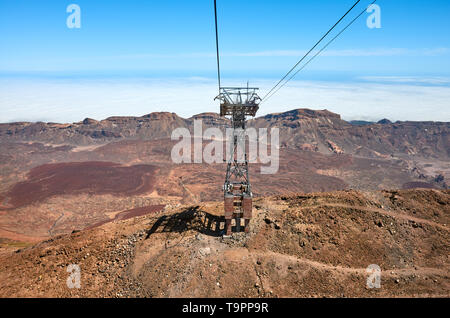 Vista dalla vetta del Teide funivia vettura che va fino del monte Teide, il picco più alto in Spagna, Parco Nazionale di Teide Tenerife, Spagna. Foto Stock